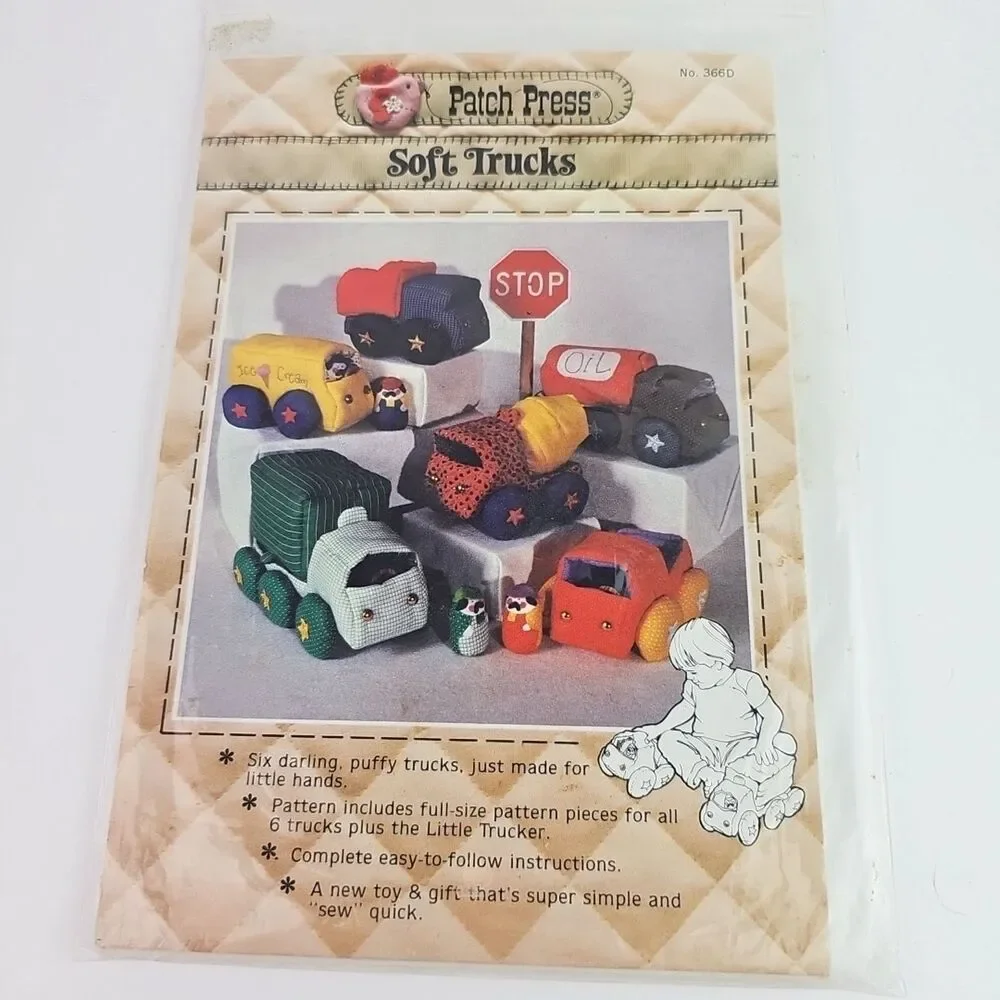 Patch Press Soft Stuffed Toy Truck Sewing Pattern 6 Trucks Uncut Unused 1981